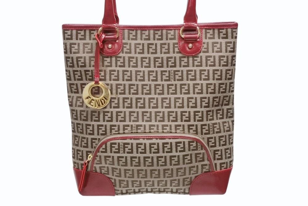 FENDI フェンディ ズッキーノ トートバッグ ハンドバッグ 8BH139 レザー キャンバス ベージュ レッド ゴールド金具 美品 中古 4b005139