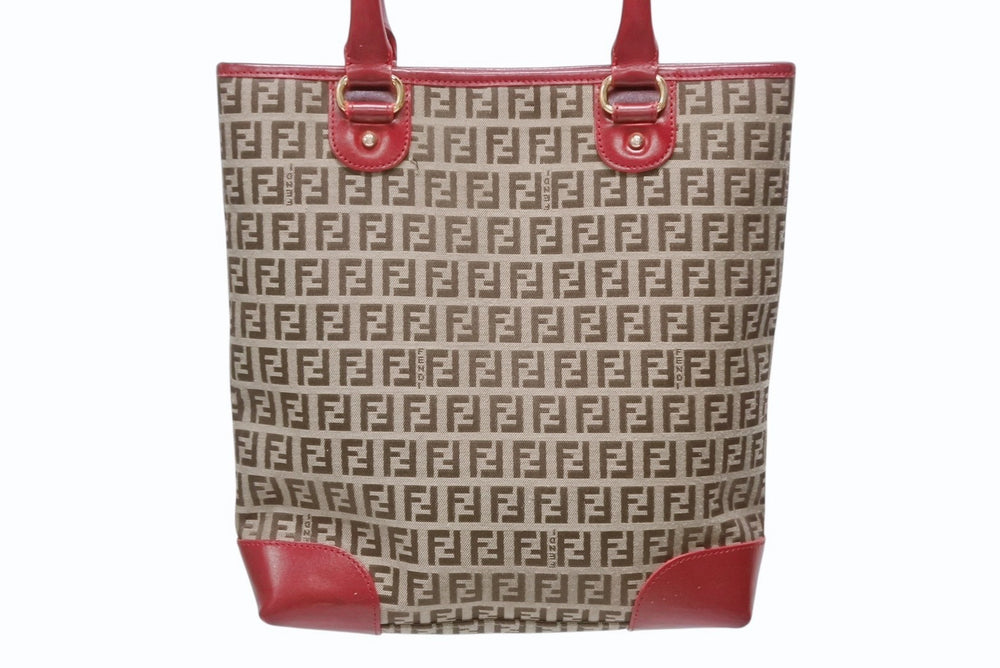 FENDI Zucchino Tote Bag Handbag 8BH139 Leather Canvas Beige Red Gold Hardware Good Condition Used 4b005139