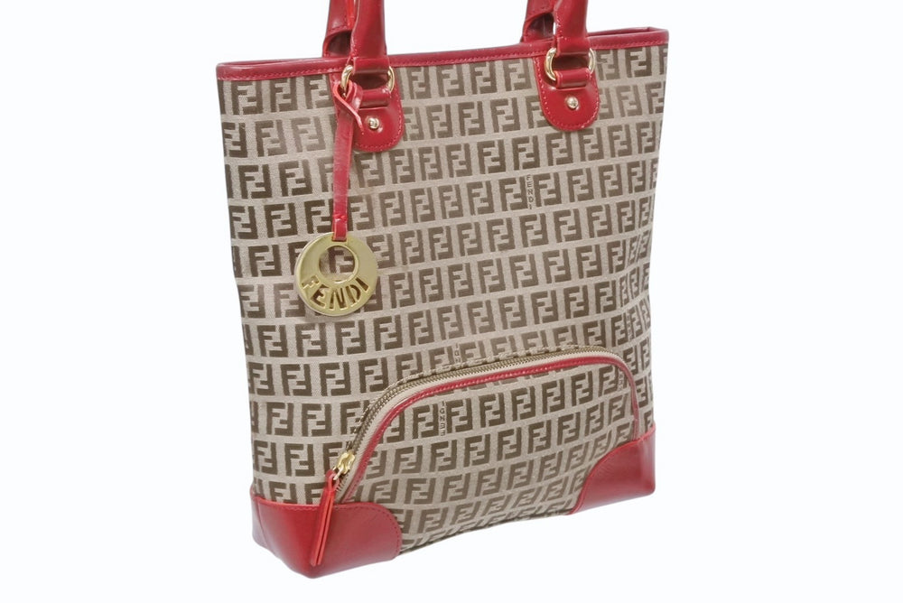 FENDI Zucchino Tote Bag Handbag 8BH139 Leather Canvas Beige Red Gold Hardware Good Condition Used 4b005139