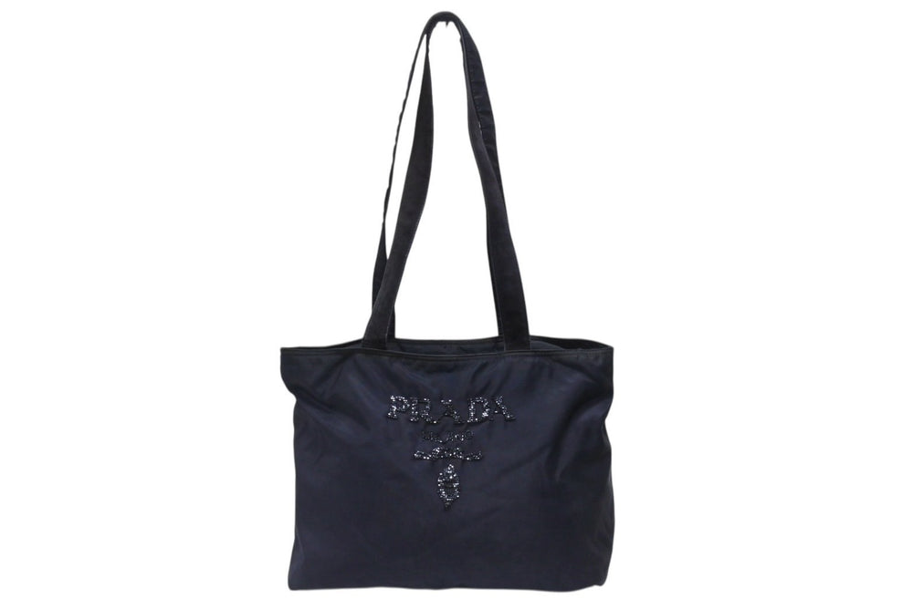 PRADA プラダ トートバッグ ハンドバッグ ロゴ スパンコール イタリア製 ナイロン ネイビー 良品 中古 4b005149