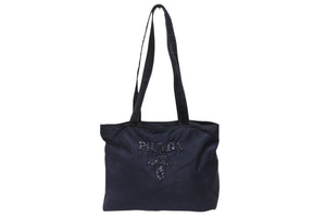 PRADA プラダ トートバッグ ハンドバッグ ロゴ スパンコール イタリア製 ナイロン ネイビー 良品 中古 4b005149