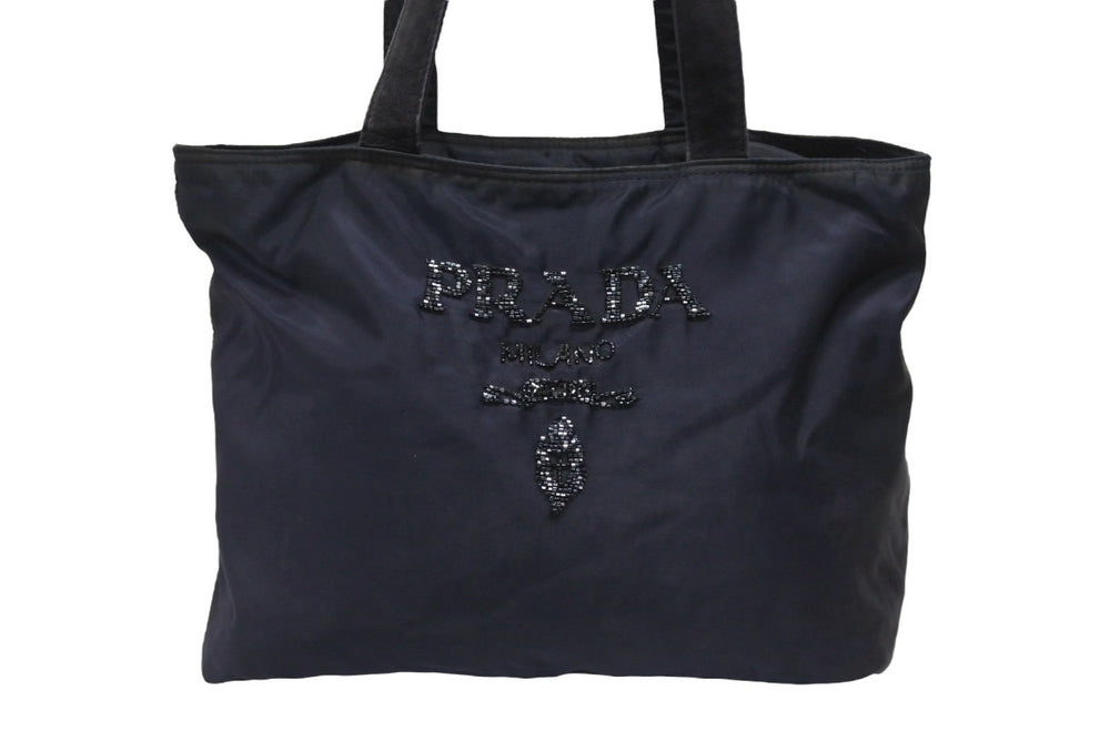 PRADA プラダ トートバッグ ハンドバッグ ロゴ スパンコール イタリア製 ナイロン ネイビー 良品 中古 4b005149