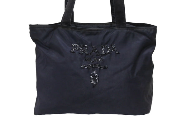 PRADA プラダ トートバッグ ハンドバッグ ロゴ スパンコール イタリア製 ナイロン ネイビー 良品 中古 4b005149