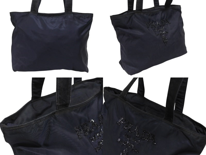 PRADA Prada tote bag handbag logo sequins made in Italy nylon navy good used 4b005149