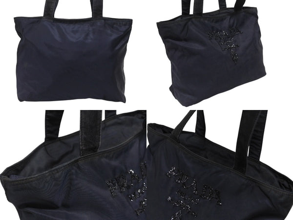 PRADA プラダ トートバッグ ハンドバッグ ロゴ スパンコール イタリア製 ナイロン ネイビー 良品 中古 4b005149