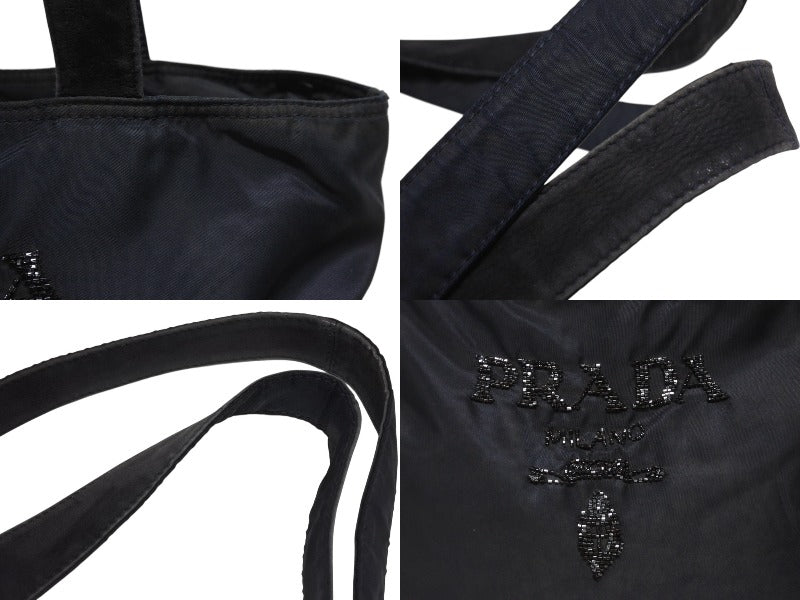 PRADA Prada tote bag handbag logo sequins made in Italy nylon navy good used 4b005149