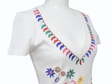 画像をギャラリービューアに読み込む, 極美品 Christian Dior クリスチャンディオール Vネック半袖Tシャツ 5E16155952 サイズ36 ミラー フラワー 刺繍 ガリアーノ期 中古 4b005201