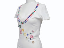 画像をギャラリービューアに読み込む, 極美品 Christian Dior クリスチャンディオール Vネック半袖Tシャツ 5E16155952 サイズ36 ミラー フラワー 刺繍 ガリアーノ期 中古 4b005201