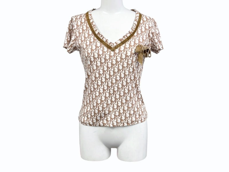Very Good Condition Christian Dior Short Sleeve V Neck T-Shirt 5P12044610 Size 38 Trotter Ribbon Galliano Period Used 4b005236