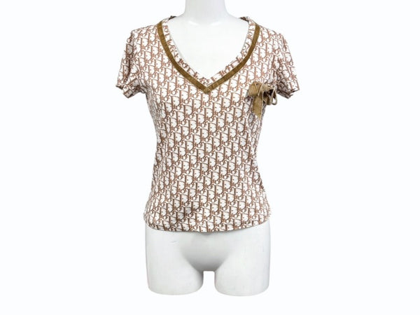 極美品 Christian Dior クリスチャンディオール 半袖VネックTシャツ 5P12044610 サイズ38 トロッター リボン ガリアーノ期 中古 4b005236