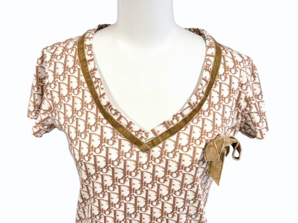 極美品 Christian Dior クリスチャンディオール 半袖VネックTシャツ 5P12044610 サイズ38 トロッター リボン ガリアーノ期 中古 4b005236