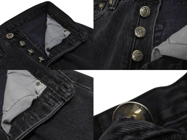 極美品 CHROME HEARTS クロムハーツ × LEVI'S リーバイス セメタリークロスパッチ デニムパンツ ジーンズ サイズ28 ブラック 20パッチ 中古 4b005238