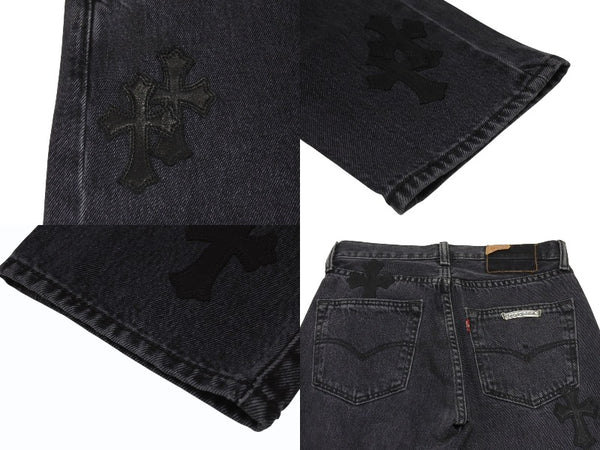 極美品 CHROME HEARTS クロムハーツ × LEVI'S リーバイス セメタリークロスパッチ デニムパンツ ジーンズ サイズ28 ブラック 20パッチ 中古 4b005238