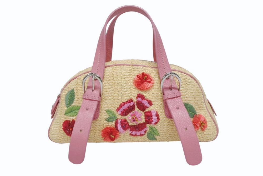 極美品 Dior ディオール ガリアーノ期 限定品 希少 ハンドバッグ ミニボストンバッグ 刺繍 ビジュー ベージュ 藁 レザー 中古 4b005253