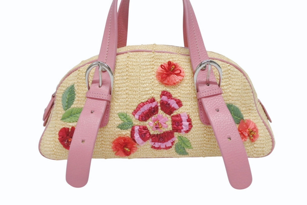 極美品 Dior ディオール ガリアーノ期 限定品 希少 ハンドバッグ ミニボストンバッグ 刺繍 ビジュー ベージュ 藁 レザー 中古 4b005253