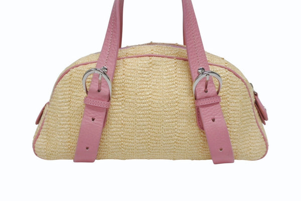 極美品 Dior ディオール ガリアーノ期 限定品 希少 ハンドバッグ ミニボストンバッグ 刺繍 ビジュー ベージュ 藁 レザー 中古 4b005253