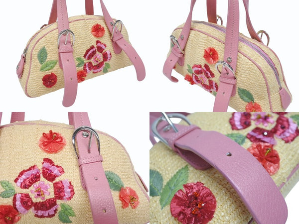 極美品 Dior ディオール ガリアーノ期 限定品 希少 ハンドバッグ ミニボストンバッグ 刺繍 ビジュー ベージュ 藁 レザー 中古 4b005253