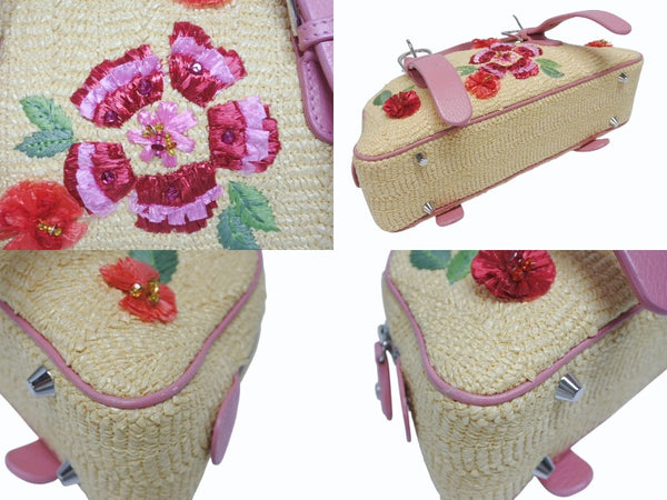 極美品 Dior ディオール ガリアーノ期 限定品 希少 ハンドバッグ ミニボストンバッグ 刺繍 ビジュー ベージュ 藁 レザー 中古 4b005253