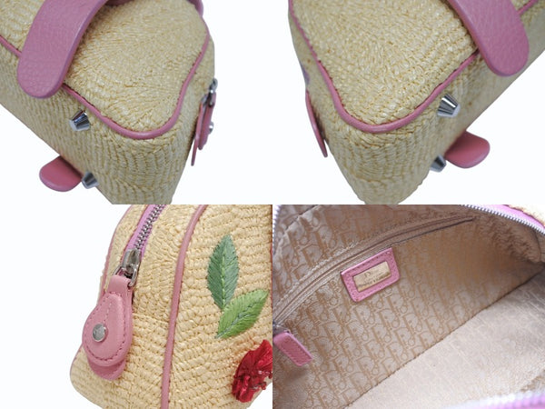 極美品 Dior ディオール ガリアーノ期 限定品 希少 ハンドバッグ ミニボストンバッグ 刺繍 ビジュー ベージュ 藁 レザー 中古 4b005253