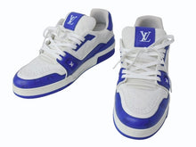 画像をギャラリービューアに読み込む, LOUIS VUITTON ルイヴィトン LVトレイナーライン ローカットスニーカー 1AANF0 レザー ブルー ホワイト サイズ9 美品 中古 4b005275