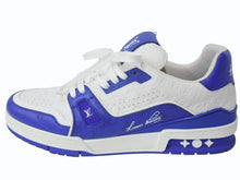 画像をギャラリービューアに読み込む, LOUIS VUITTON ルイヴィトン LVトレイナーライン ローカットスニーカー 1AANF0 レザー ブルー ホワイト サイズ9 美品 中古 4b005275