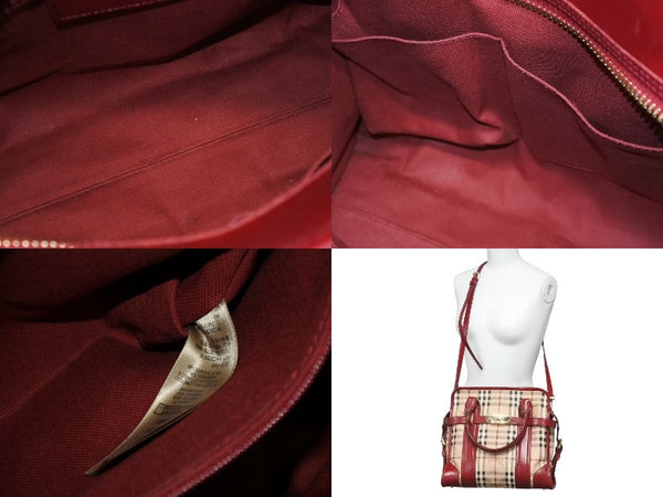BURBERRY バーバリー ノバチェック 2WAY ハンドバッグ ベージュ レッド PVC レザー 3903157 ゴールド金具 美品 中古 4b005313