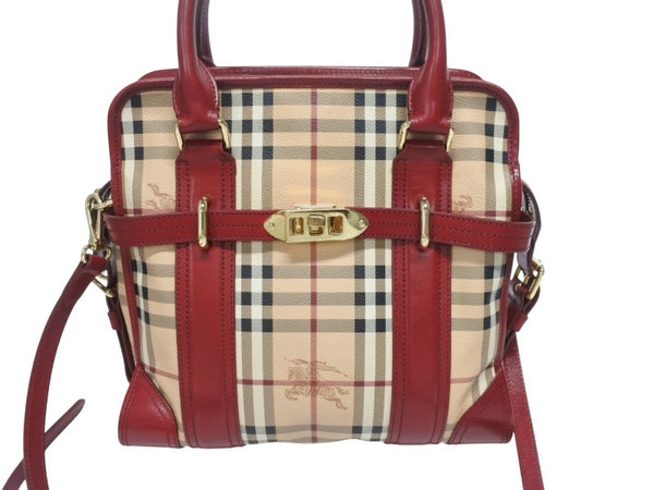 BURBERRY バーバリー ノバチェック 2WAY ハンドバッグ ベージュ レッド PVC レザー 3903157 ゴールド金具 美品 中古 4b005313