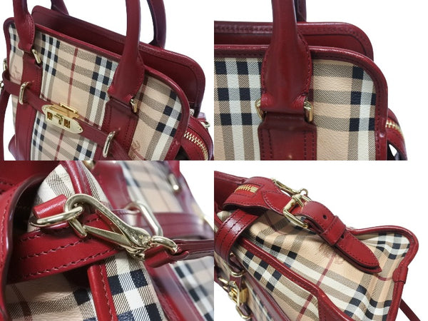BURBERRY バーバリー ノバチェック 2WAY ハンドバッグ ベージュ レッド PVC レザー 3903157 ゴールド金具 美品 中古 4b005313