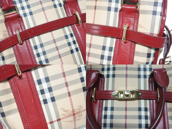 BURBERRY バーバリー ノバチェック 2WAY ハンドバッグ ベージュ レッド PVC レザー 3903157 ゴールド金具 美品 中古 4b005313