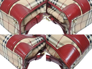 BURBERRY バーバリー ノバチェック 2WAY ハンドバッグ ベージュ レッド PVC レザー 3903157 ゴールド金具 美品 中古 4b005313