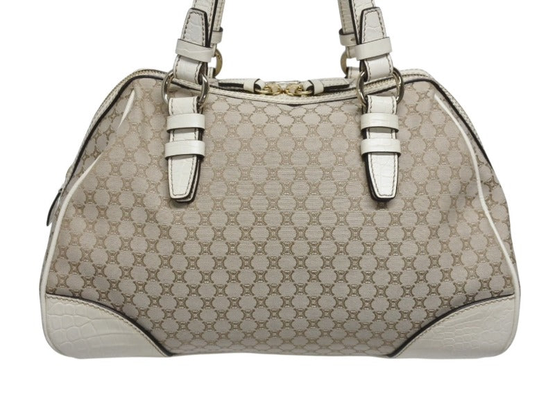 CELINE Macadam pattern handbag mini Boston bag beige white canvas leather embossed silver hardware Good condition used 4b005321