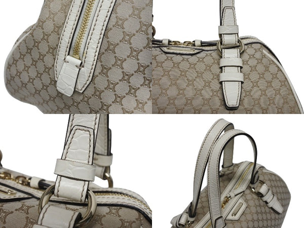 CELINE セリーヌ マカダム柄 ハンドバッグ ミニボストンバッグ ベージュ ホワイト キャンバス レザー 型押し シルバー金具 美品 中古 4b005321