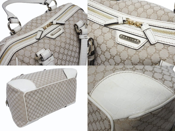 CELINE セリーヌ マカダム柄 ハンドバッグ ミニボストンバッグ ベージュ ホワイト キャンバス レザー 型押し シルバー金具 美品 中古 4b005321