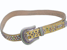 画像をギャラリービューアに読み込む, b.b.simon ビービー サイモン 型押し スワロフスキー スタッズ ベルト イエロー マルチカラー レザー シルバー金具 小物 装飾 サイズ36 良品 中古 4b005360