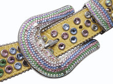 画像をギャラリービューアに読み込む, b.b.simon ビービー サイモン 型押し スワロフスキー スタッズ ベルト イエロー マルチカラー レザー シルバー金具 小物 装飾 サイズ36 良品 中古 4b005360