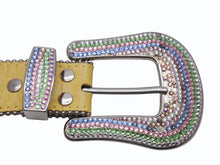 画像をギャラリービューアに読み込む, b.b.simon ビービー サイモン 型押し スワロフスキー スタッズ ベルト イエロー マルチカラー レザー シルバー金具 小物 装飾 サイズ36 良品 中古 4b005360