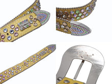 画像をギャラリービューアに読み込む, b.b.simon ビービー サイモン 型押し スワロフスキー スタッズ ベルト イエロー マルチカラー レザー シルバー金具 小物 装飾 サイズ36 良品 中古 4b005360