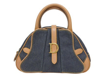 Load image into Gallery viewer, CHRISTIAN DIOR クリスチャンディオール ミニハンドバッグ ダブルサドルバッグ BO E 0501 ネイビー ブラウン ゴールド金具 美品 中古 4b005435