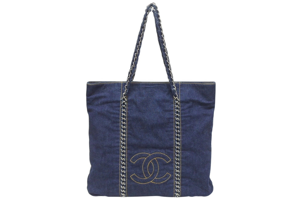 極美品 CHANEL シャネル ラグジュアリーライン チェーントートバッグ 10番台 ココマーク ステッチ デニム ネイビー シルバー金具 中古 4b005451