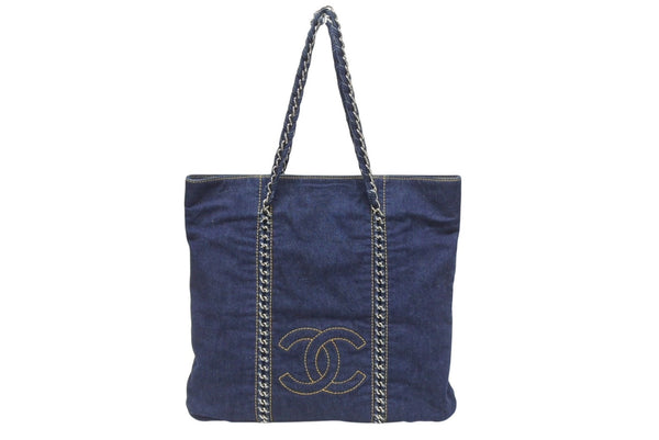 極美品 CHANEL シャネル ラグジュアリーライン チェーントートバッグ 10番台 ココマーク ステッチ デニム ネイビー シルバー金具 中古 4b005451