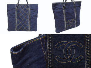 極美品 CHANEL シャネル ラグジュアリーライン チェーントートバッグ 10番台 ココマーク ステッチ デニム ネイビー シルバー金具 中古 4b005451