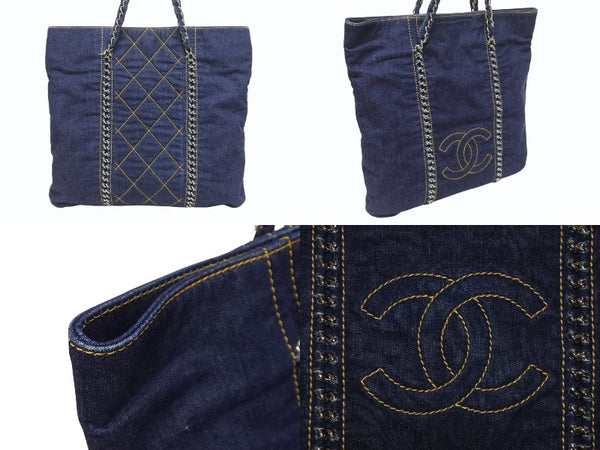 極美品 CHANEL シャネル ラグジュアリーライン チェーントートバッグ 10番台 ココマーク ステッチ デニム ネイビー シルバー金具 中古 4b005451