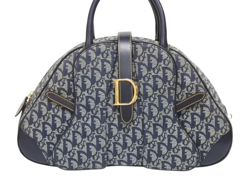 Christian Dior クリスチャンディオール ダブルサドルバッグ トロッター キャンバス レザー ネイビー ゴールド金具 美品 中古 4b005453
