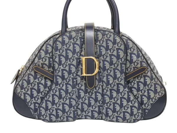 Christian Dior クリスチャンディオール ダブルサドルバッグ トロッター キャンバス レザー ネイビー ゴールド金具 美品 中古 4b005453