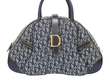 画像をギャラリービューアに読み込む, Christian Dior クリスチャンディオール ダブルサドルバッグ トロッター キャンバス レザー ネイビー ゴールド金具 美品 中古 4b005453