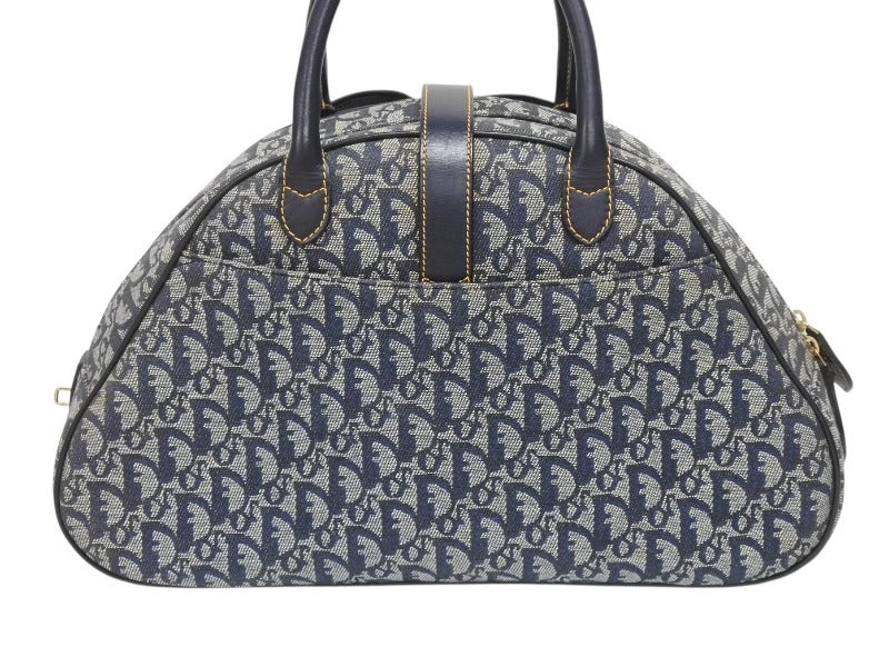 Christian Dior クリスチャンディオール ダブルサドルバッグ トロッター キャンバス レザー ネイビー ゴールド金具 美品 中古 4b005453
