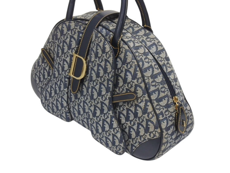 Christian Dior クリスチャンディオール ダブルサドルバッグ トロッター キャンバス レザー ネイビー ゴールド金具 美品 中古 4b005453