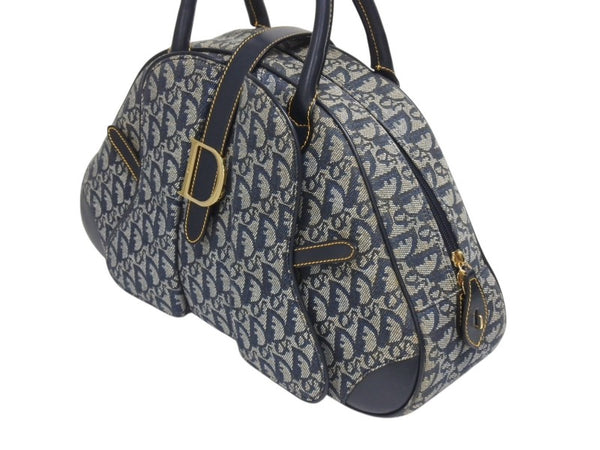 Christian Dior クリスチャンディオール ダブルサドルバッグ トロッター キャンバス レザー ネイビー ゴールド金具 美品 中古 4b005453