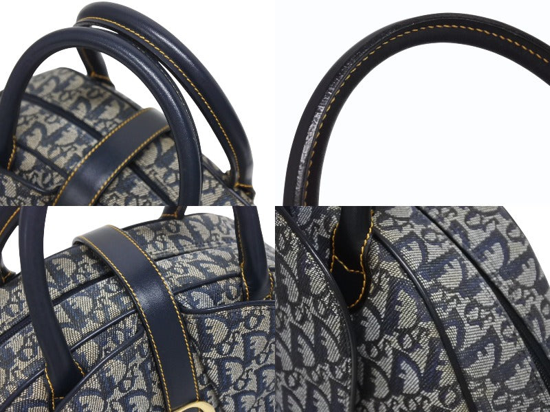 Christian Dior クリスチャンディオール ダブルサドルバッグ トロッター キャンバス レザー ネイビー ゴールド金具 美品 中古 4b005453