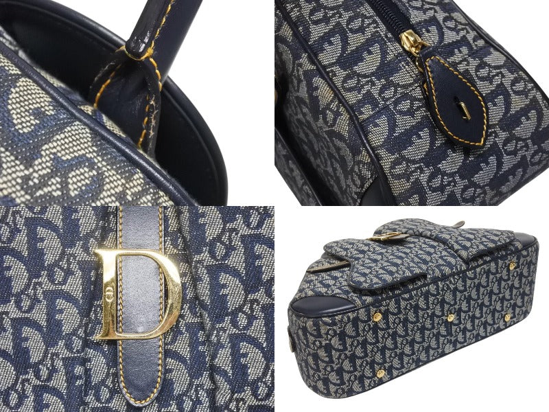 Christian Dior クリスチャンディオール ダブルサドルバッグ トロッター キャンバス レザー ネイビー ゴールド金具 美品 中古 4b005453